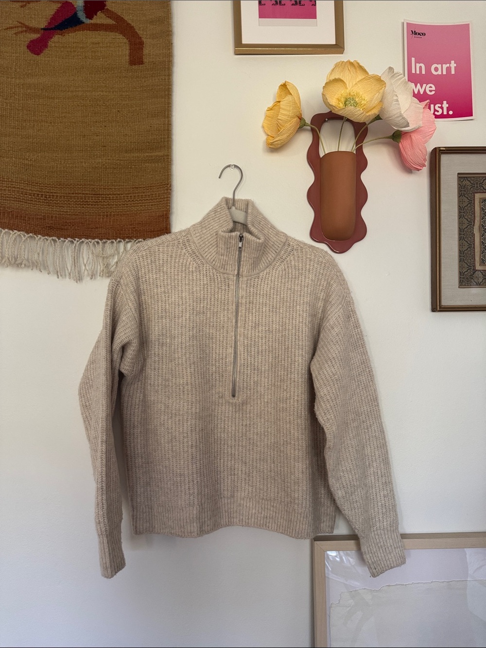 Vince Camuto Beige Half-Zip Rib Knit Sweater